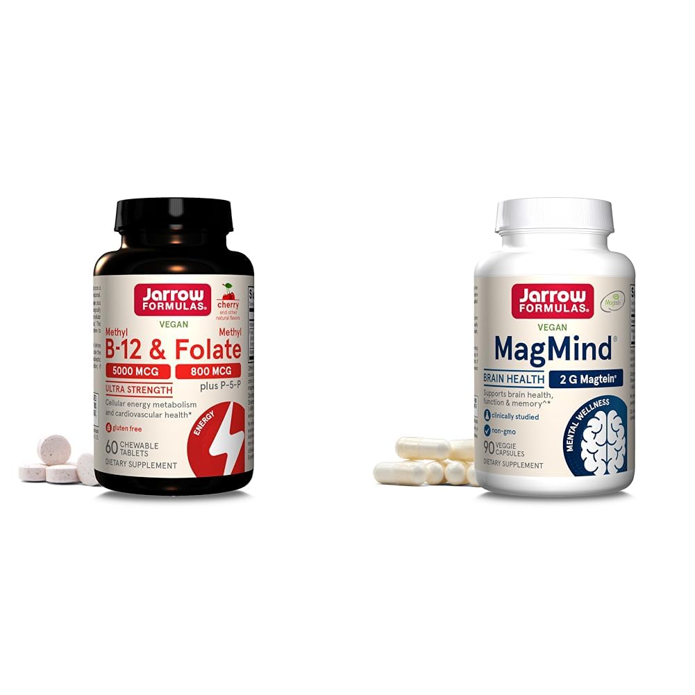 Jarrow Formulas Ultra Strength Methyl B-12 5000 mcg & Methyl Folate 800 mcg + P-5-P & MagMind Brain Health with Magtein (Magnesium L-Threonate), Dietary Supplement