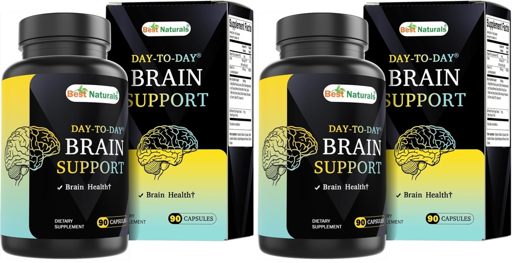 Best Naturals Day-to-Day Brain Support Supplement with Ginkgo Biloba, DMAE, Bacopa, Green Coffee, Phosphotidyl Serene, Alpha GPC, Huperzine A, Folate, B6, & B12 90 Veg Capsules (Pack of 2)
