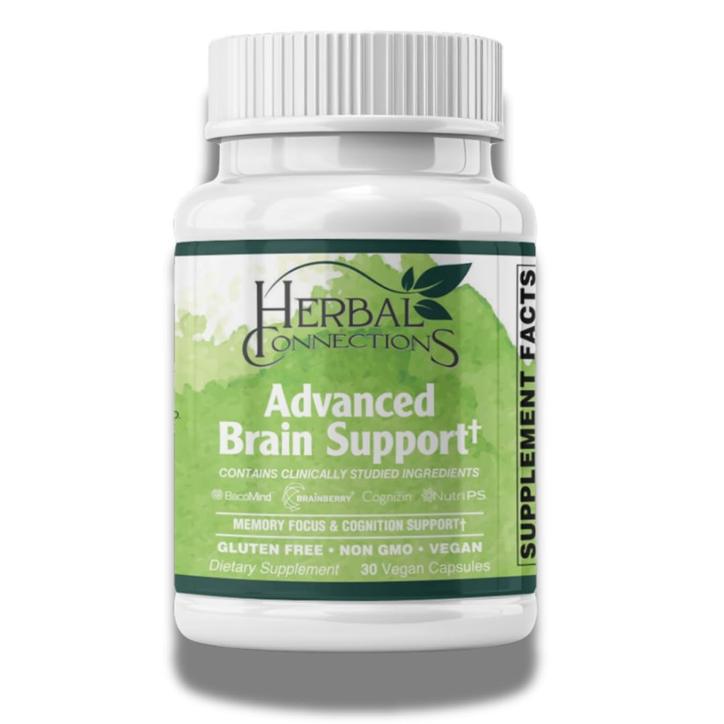 Herbal Connections Advanced Brain Support – Cognitive Function & Memory Booster for Adults | Brain Health Supplement with Bacopa Monnieri, Ginkgo & B-Vitamins | Non-GMO Gluten-Free