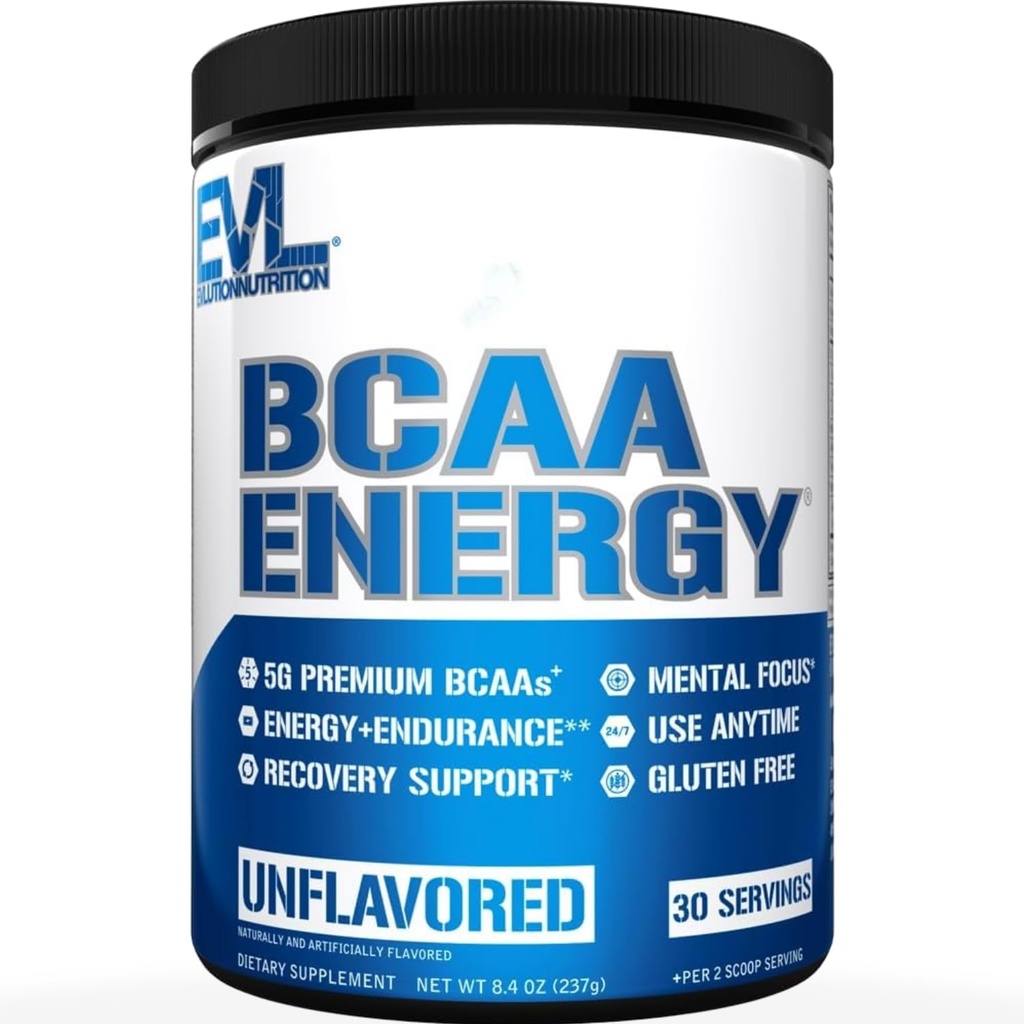 EVL BCAAs Amino Acids Powder - Rehydrating BCAA Powder Post Workout Recovery Drink with Natural Caffeine - BCAA Energy Pre Workout Powder for Muscle Recovery Lean Growth and Endurance - Unflavored