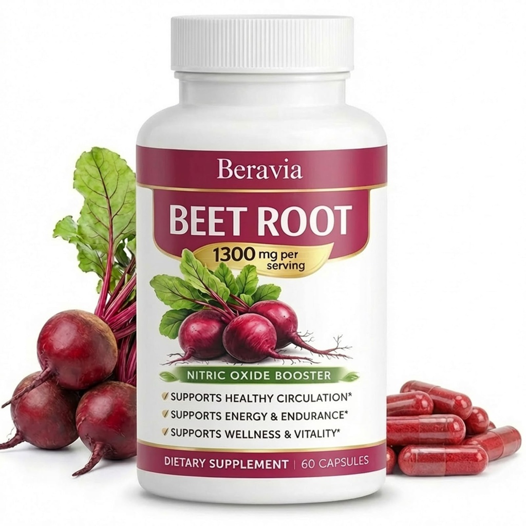 Skaal Beravia Organic Beet Root Capsules 1300mg, Pure Beet Root Extract Supplement for Circulation, Heart Health & Energy Support, Vegan, Non-GMO, Gluten Free, 60 Count