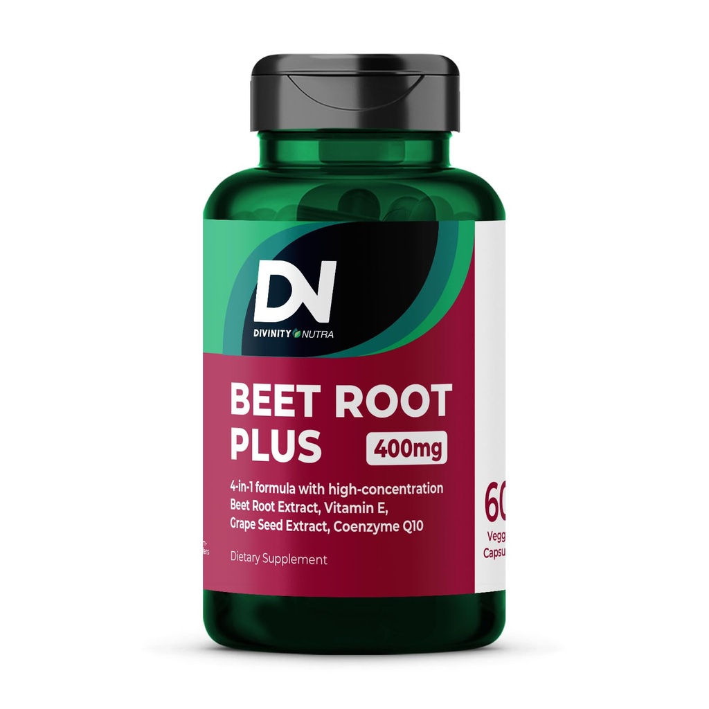 Divinity Nutra Organic Beet Root Capsules with CoQ10, Vitamin E, Grape Seed, Non-GMO,USA Made - 60 Capsules, 60-Day Supply