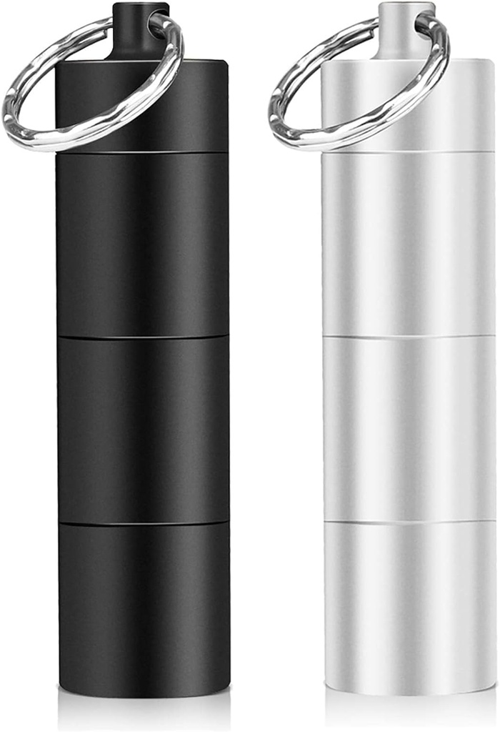 Opret 2 Pack Keychain Hill Holder, 3 διαμερίσματα Μεταλλική θήκη, Αδιάβροχο Φορητό κουτί ταξιδιών, Pill Container για Purse, Matte Black & Silver