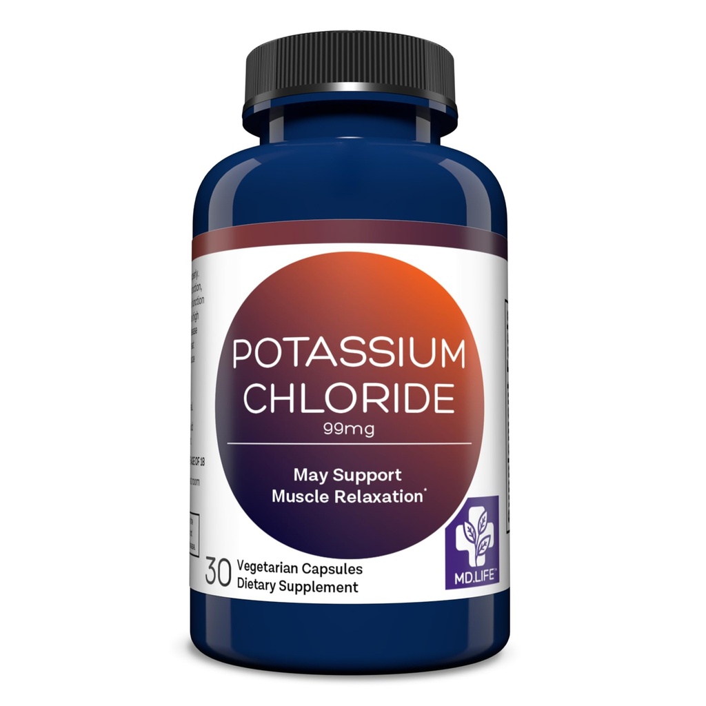 MD Life Potassium Chloride Supplement - Third Party Lab Tested - 99mg 30 Count - Vegetarian Potassium Chloride Capsules - May Help Support Muscle Function & Healthy Blood Pressure