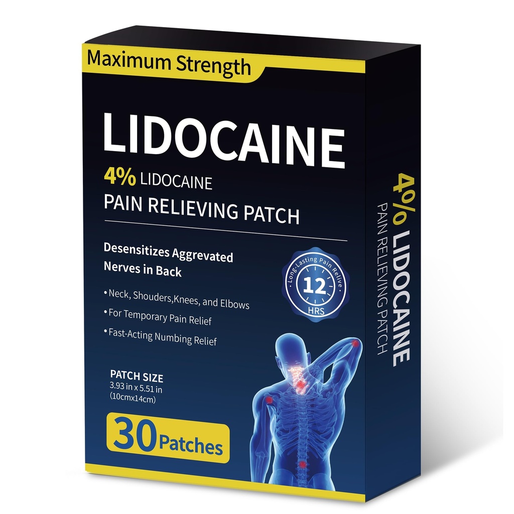 4% Lidocaine Pain Relief Patches - (Large, 30, Count) Maximum Strength Relief for Back, Neck, Shoulder, Joint & Muscle Pain, 3.9”x 5.5”-030CC