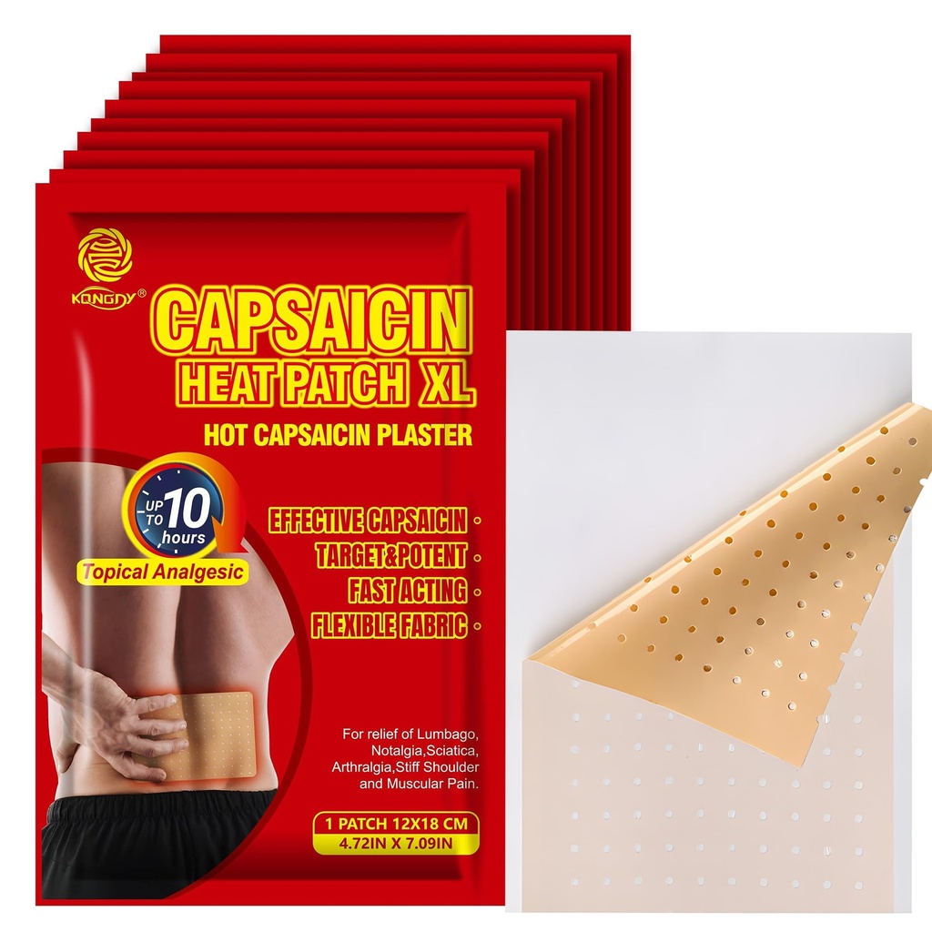 KONGDY 20 Pcs Capsaicin Heat Relief Patch, 4.72"x7.08" Extra Strength Capsicum Plaster Patches for Back, Neck, Shoulder, Knee (20 Pcs)