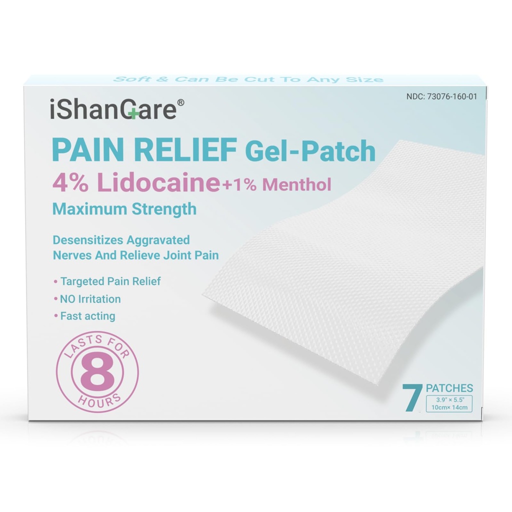ishancare Lidocaine 4% & Menthol 1% Pain Relief Patches - Dual Action Maximum Strength Topical Analgesic for Back, Neck & Muscle Pain, Fast Acting Cooling Relief, 7 Individually Wrapped Patches