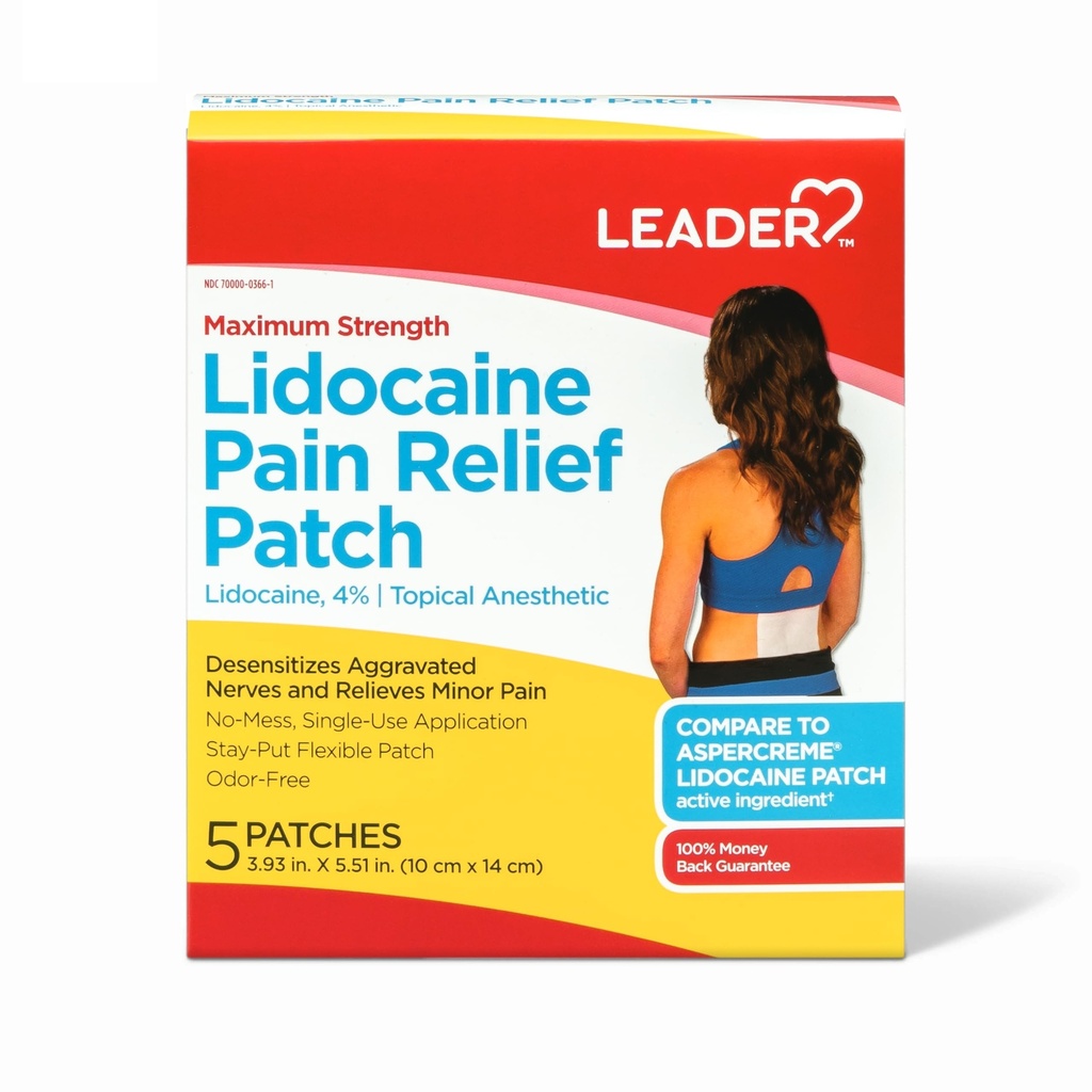 Leader Maximum Strength Lidocaine 4% Pain Relief, Fast-Acting, Targeted Relief for Back, Neck, Shoulders, Knees, Elbows, Minor Skin Irritation, Odor-Free, 5 Patches