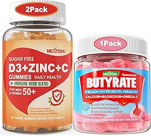 2 Συσκευασία χωρίς ζάχαρη Βιταμίνη C + D3 + Gummies ψευδάργυρου για ενήλικες 50+ + 1 συσκευασία Butyrate Gummies