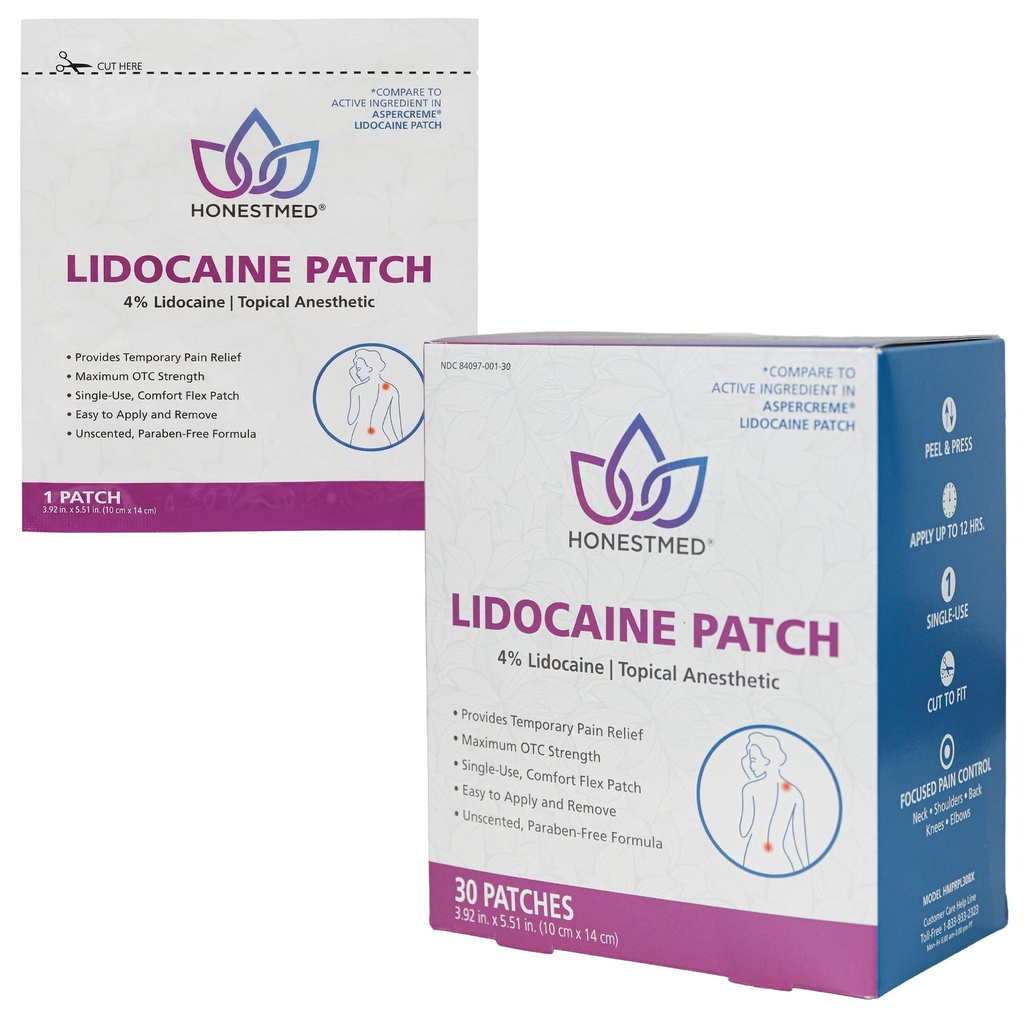 HONESTMED Maximum Strength OTC Pain Relief Patch - 4% Lidocaine Patches for Back, Knee, Neck, Joints & Muscle Soreness, Unscented - 3.9” x 5.5”, Individually Packaged Single Use, 60 Count Box