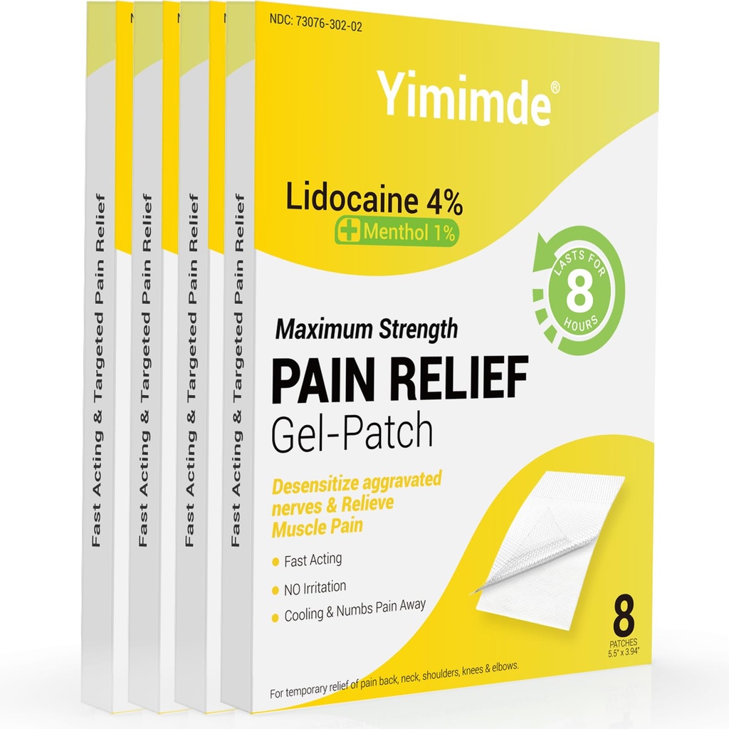 4% Lidocaine Patches Plus 1% Menthol - 32 Count Maximum Strength Pain Relief Patches for Back Pain, Joint & Muscle Soreness - Fast Acting, Long-Lasting