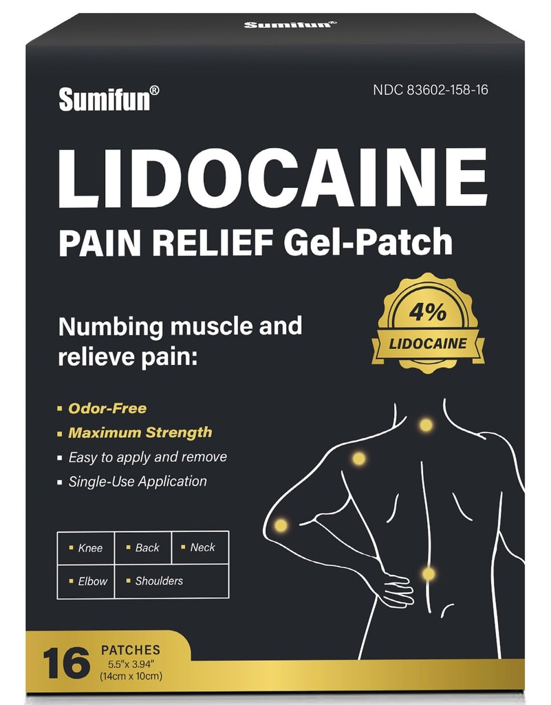 Sumifun 4% Lidocaine Pain Relief Patches - 16 Count Patches for Lower Back, Shoulder, Elbow, Knee, Muscle & Joint - Extra Strength Lidocaine