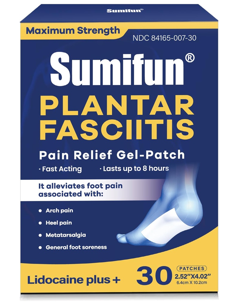 Sumifun Lidocaine Patches for Plantar Relief & Foot & Arch & Heel Pain, 4% Lidocaine Plus 1% Cooling Menthol Pain Relief Patches, Up to 8 Hours Pain Relief, 6x10cm (Large, Count, 30)