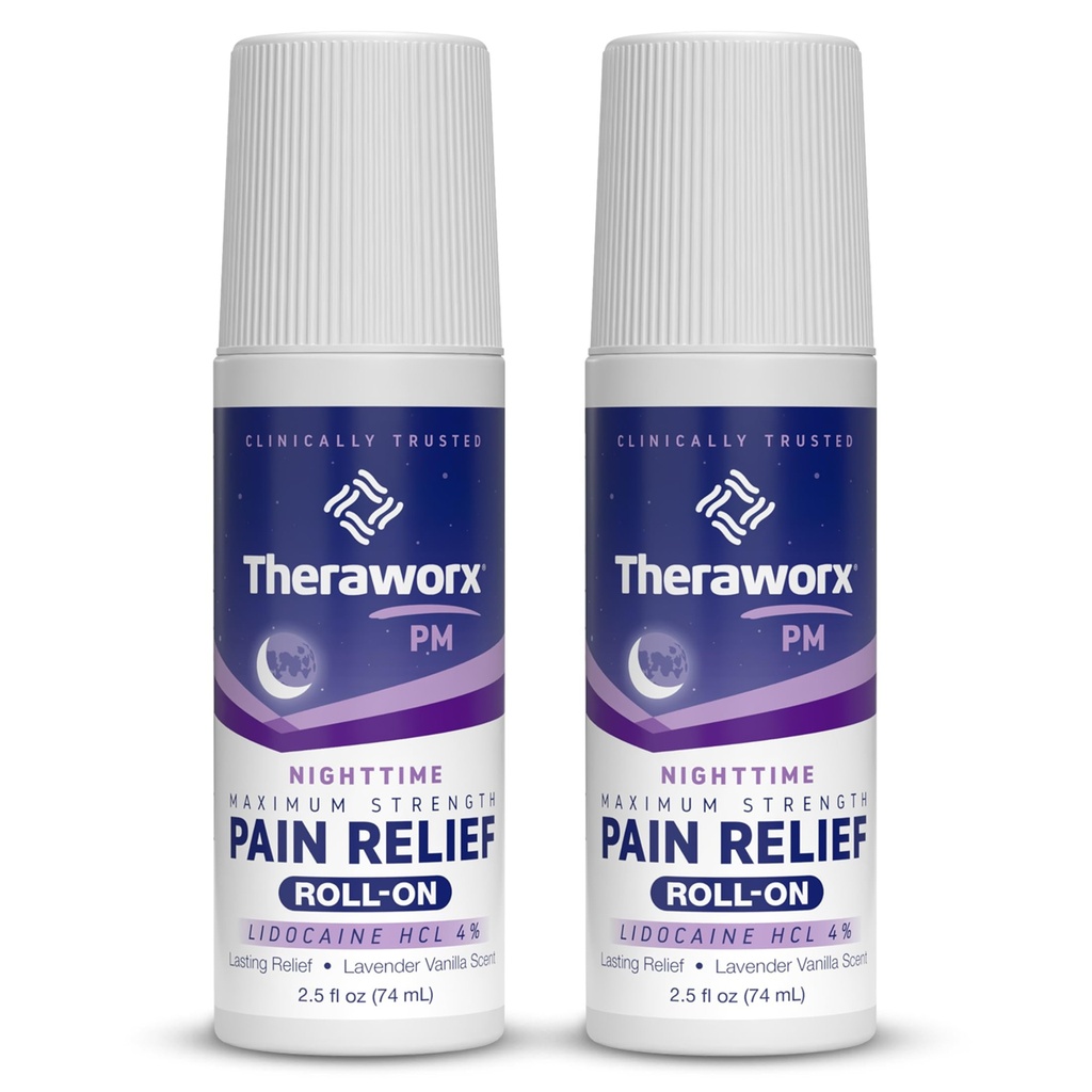 Theraworx Nighttime Maximum Strength Pain Relief Roll-on with Lidocaine – 2.5 oz - 2 Count