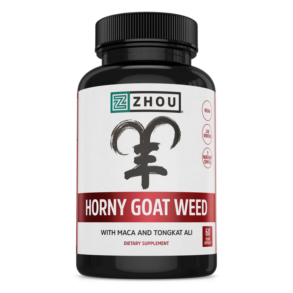 Zhou Horny Goat Weed - Herbal Extract for Men & Women, Supplement with Maca, Tribulus, Tongkat Ali & Ginseng, Maximum Strength for Health & Energy - 60 Veggie Capsules
