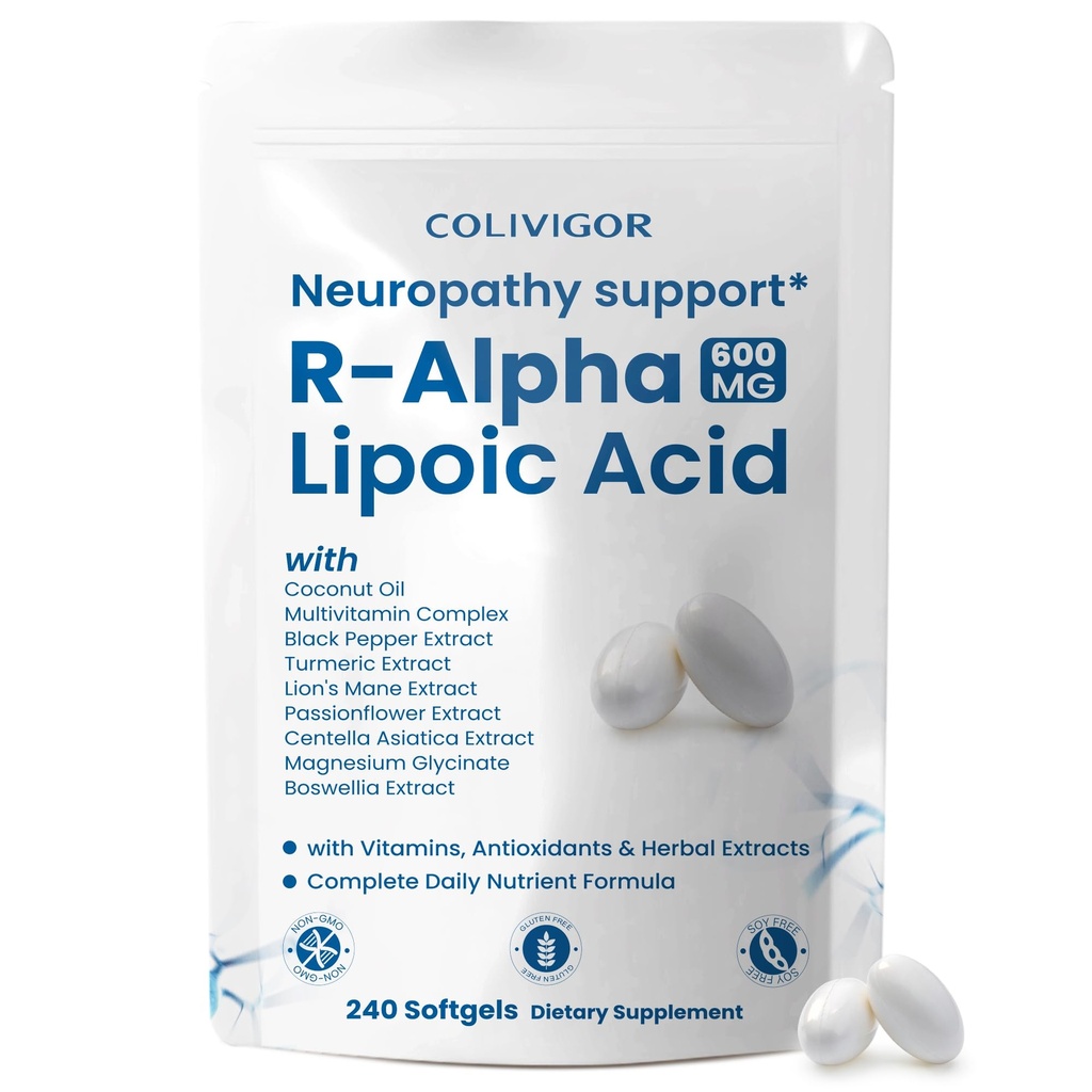 R-Alpha Lipoic Acid 600mg | 240 Softgels | Neuropathy Supplements with Active B-Vitamins, Magnesium Glycinate & Herbal Extract Blend | Support Nervous System Health | Non-GMO, Gluten-Free