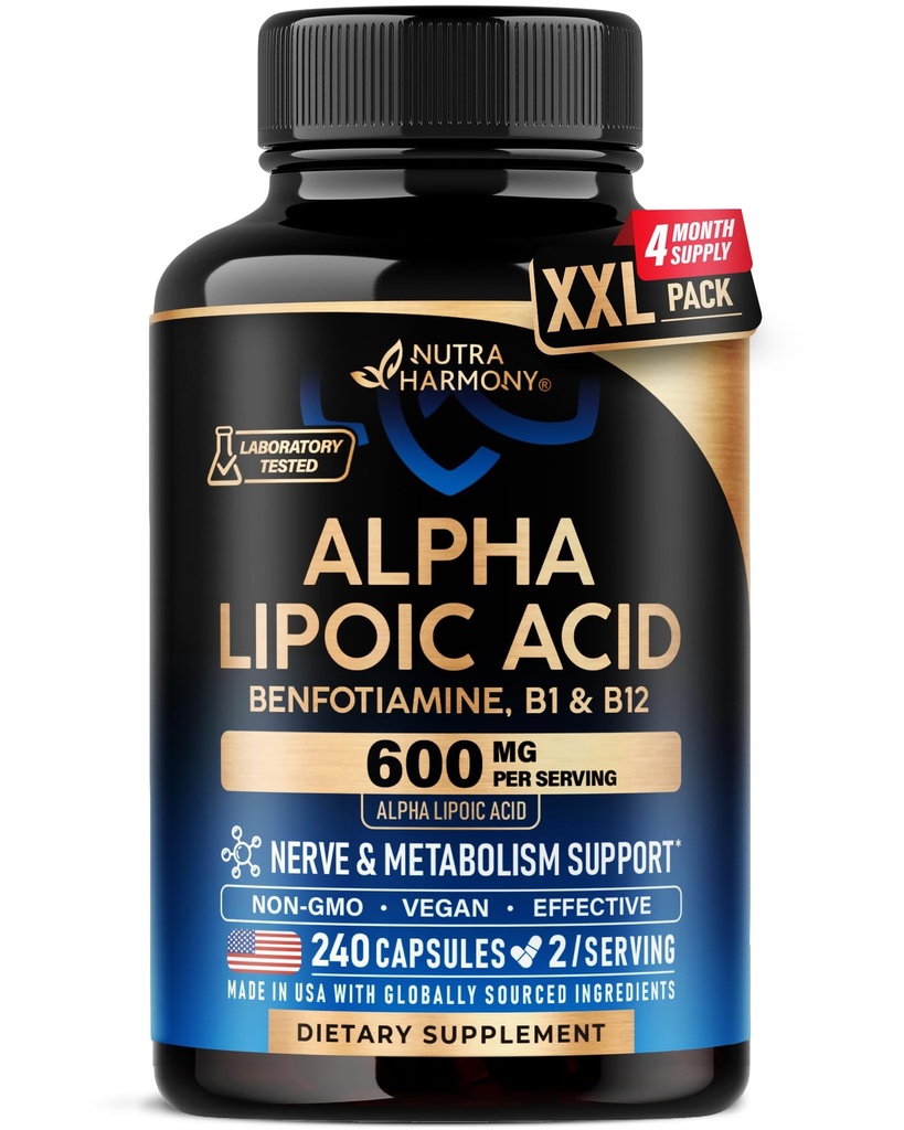 Alpha Lipoic Acid 600mg - ALA Supplement Antioxidant for Nerve, Energy & Metabolism Support - Extra Strength with Benfotiamine, B1 & B12 - Lab Tested, NON-GMO & Vegan - 240 Capsules, 4 Month Supply