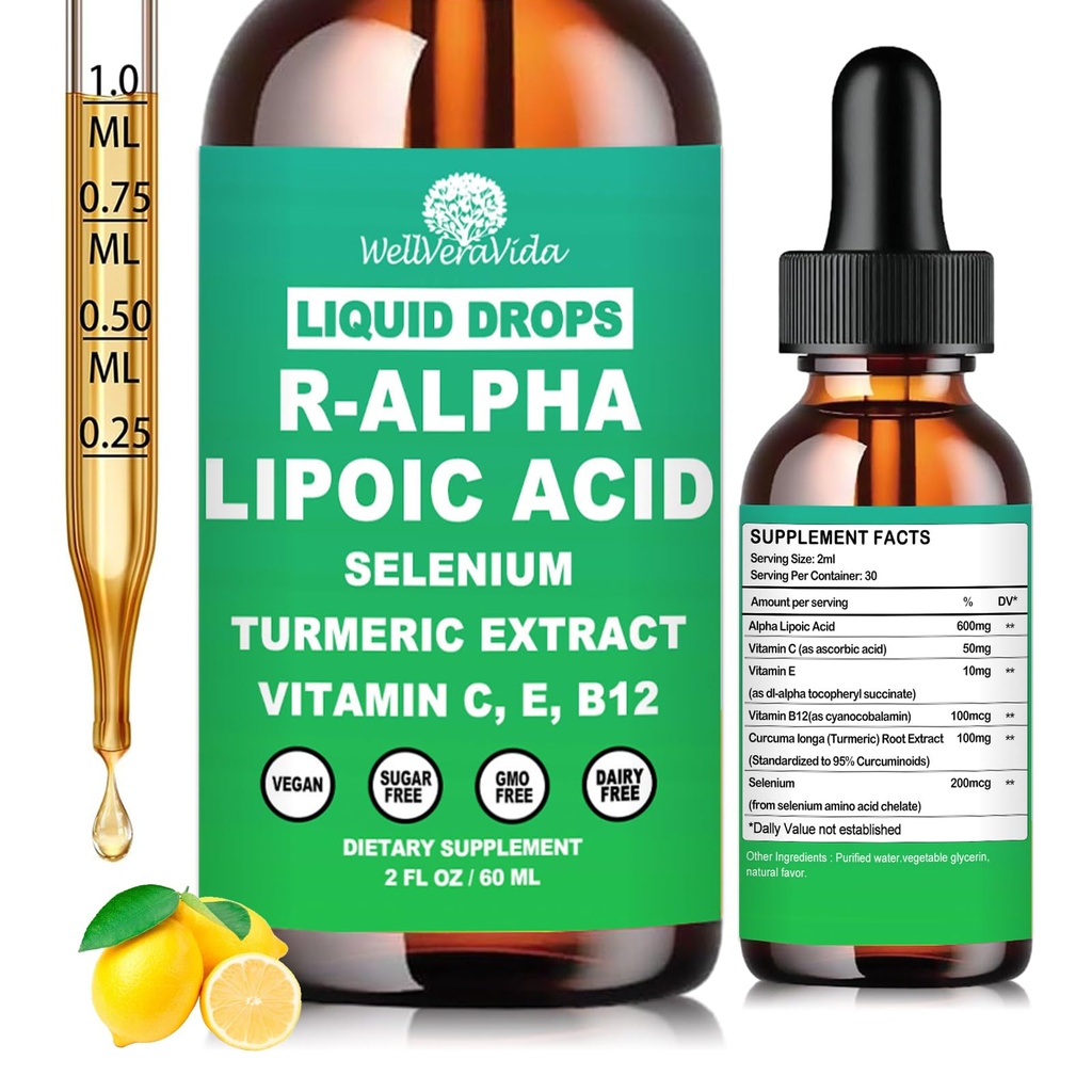 Alpha Lipoic Acid Liquid Drops, ALA Supplement Alpha Lipoic Acid 600mg for Antioxidants Nerve & Energy Metabolism Support, Neuropathy Supplements w. Stabilized R-ALA & S-ALA for Max Bioavailability