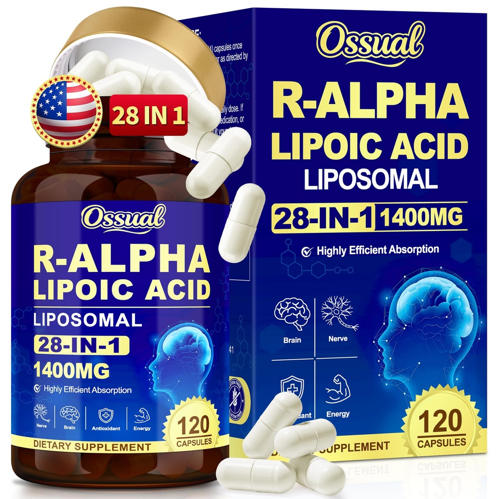 R Alpha Lipoic Acid 1400mg Neuropathy Supplements, 28-in-1 Stabilized ALA Supplements with L-Carnitine, NAC & Benfotiamine, R-ALA Supplement Antioxidant for Nerve, Brain, Energy丨Vegan, 120 Capsules
