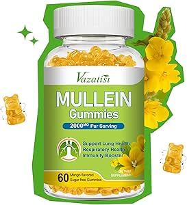 Mullein Gummies, Mullein Leaf Extract με Bromelain, Quercetin, Pine Bark Υποστήριξη Lung Cleanse για Υγιεινή αναπνοή, 60ct