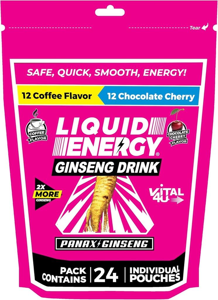 VITAL 4U® Liquid Energy Shot - Coffee & Chocolate Cherry Combo Pack, Ginseng, B Βιταμίνες, Φυσικά γλυκαντικά, 24 ct