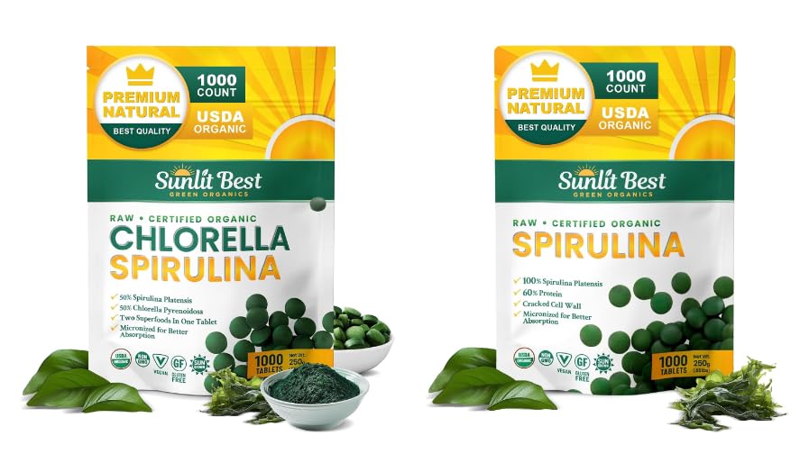 Sunlit Best Premium Chlorella Spirulina & Spirulina 1000 Count Tablet Bundle | for Immune Support, Energy, Wellbeing
