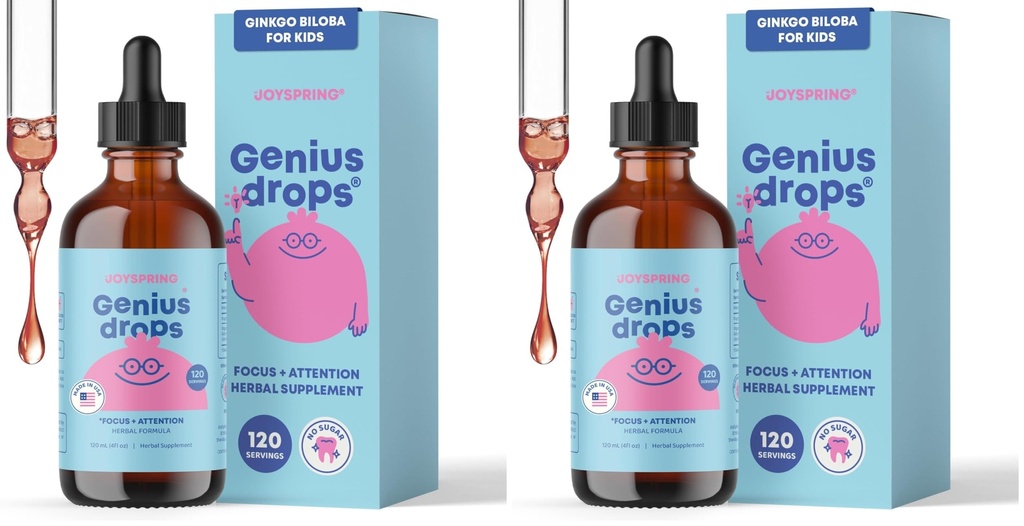 JoySpring Genius Drops - Organic Focus Drops for Kids | Clinically Proven Focus Supplement Helps Kids Perform Better in School | Liquid Herbal Supplement with Ginkgo Biloba | 120 Servings (Pack of 2)