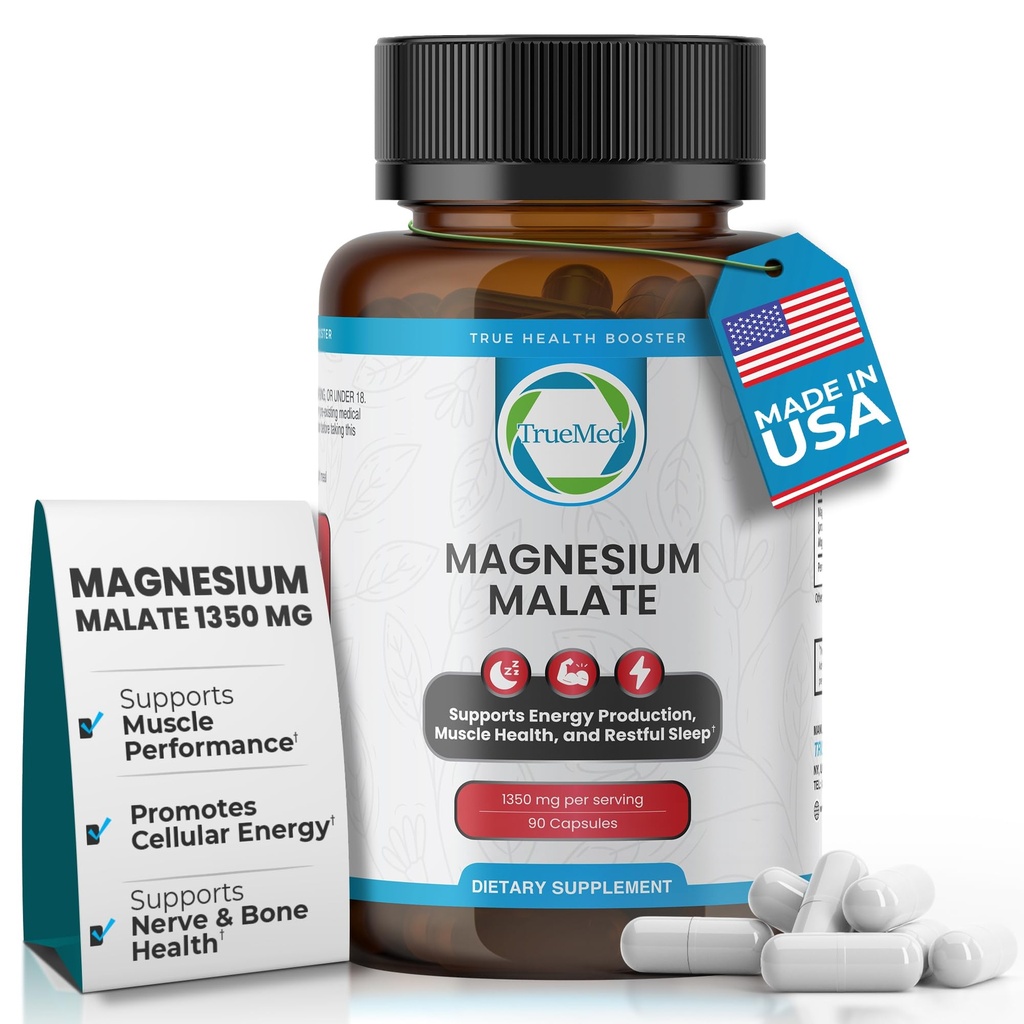 Magnesium Malate Capsules 1350mg – High Bioavailability Magnesium Supplement for Muscle Function, Energy & Metabolic Support, Vegan, Non-GMO, Made in USA - 90 Capsules