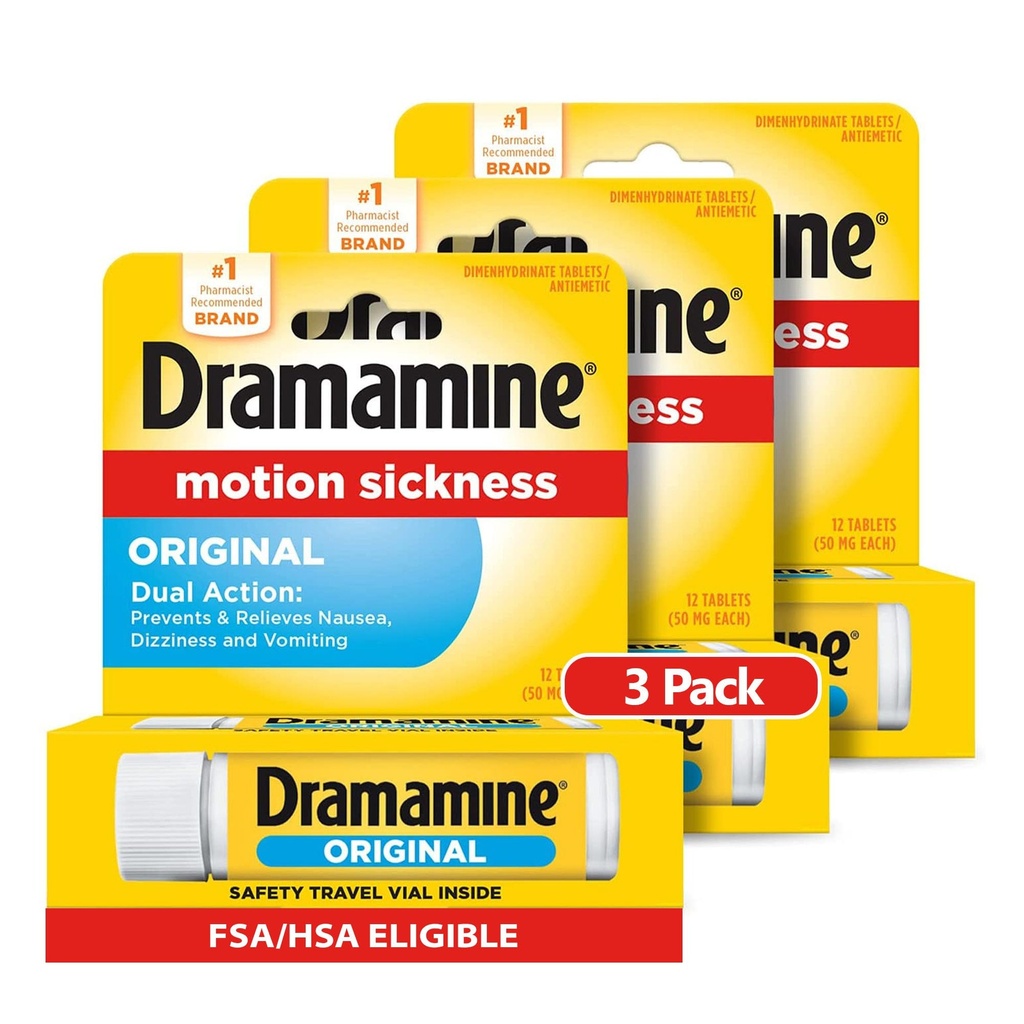 Dramamine Motion Sickness Original, for Nausea Relief During Travel, 12 Count, Pack of 3