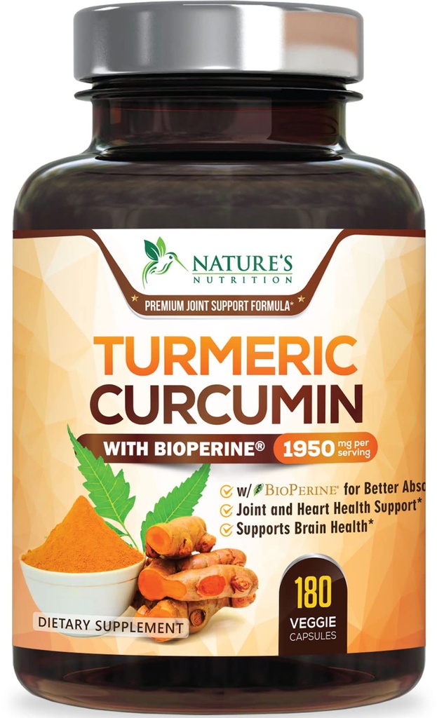 Turmeric Curcumin Supplement 1950mg - 95% Κουρκουμινοειδή με Βιολογικό Turmeric & BioPerine Black Pepper Extract για Καλύτερη Απορρόφηση, Nature's Vegan Joint Support, Non-GMO, Εμφιαλωμένο στις ΗΠΑ - 180 Κάψουλες