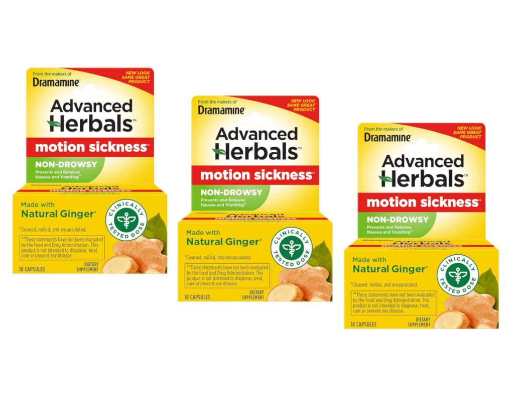 Dramamine Advanced Herbals Non-Drowsy Motion Sickness Relief Caplets, 18 Count (Pack of 3)