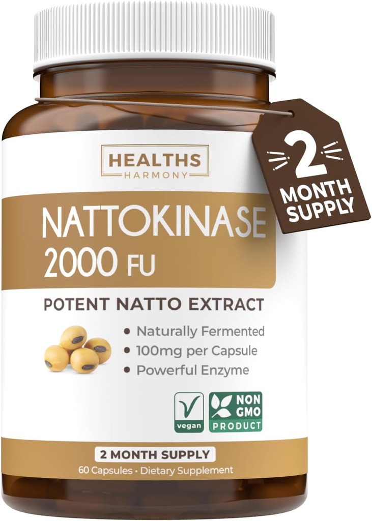 Healths Harmony Nattokinase 2000 FU (Non-GMO) Ισχυρό συμπλήρωμα νατοκινάσης Κατασκευασμένο από φυσικά ζυμωμένα σόγια - (2 Μήνες Προμήθεια) 60 κάψουλες Vegan Natto