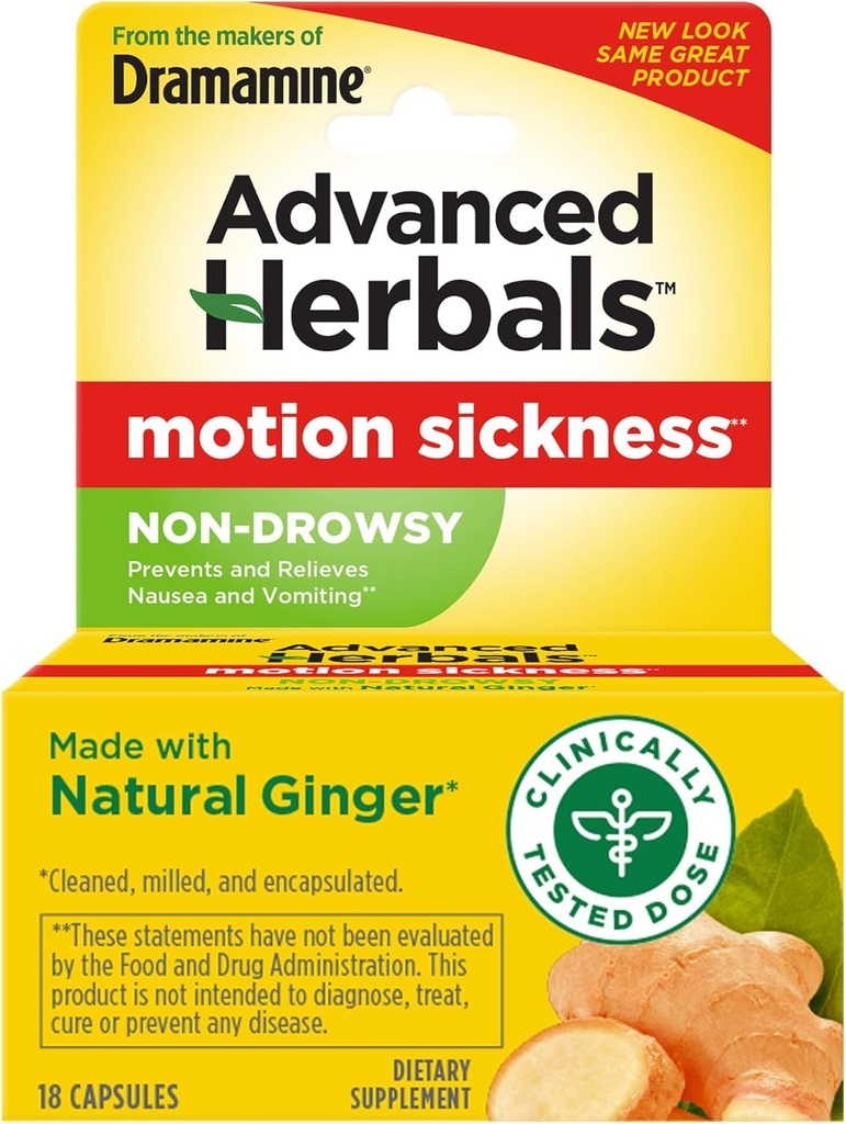 Dramamine Advanced Herbals Non-Drowsy Motion Sickness Relief Caplets, 18 Count (Pack of 3)