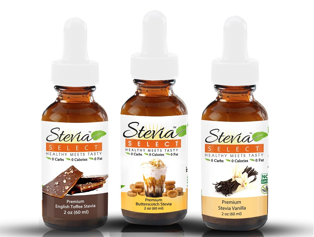 Stevia Drops Butterscotch, English Toffee, & Vanilla Stevia Select Keto Coffee Sugar-Free Stevia Flavors Bundle (3) Pack