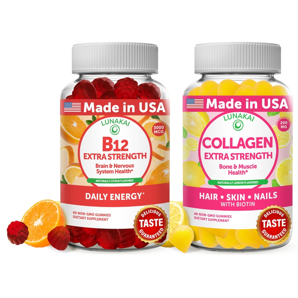 Lunakai Vitamin B12 και Collagen Gummies Bundle - 3000 mcg Methylcobalamin Υψηλή Απορρόφηση Ενεργειακά Gummies - Συμπληρώματα Αντιγήρανσης μη ΓΤΟ για άνδρες και γυναίκες - 30 ημέρες προσφοράς