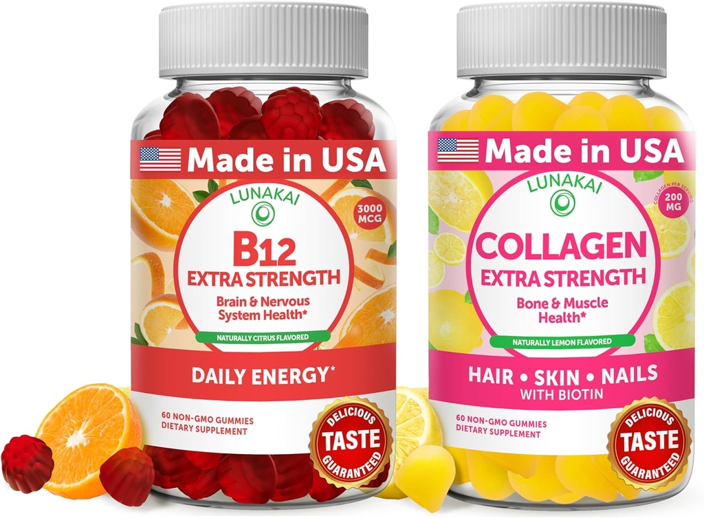 Lunakai Vitamin B12 and Collagen Gummies Bundle - 3000 mcg Methylcobalamin High Absorption Energy Gummies - Non-GMO Anti Aging Supplements for Men & Women - 30 Days Supply