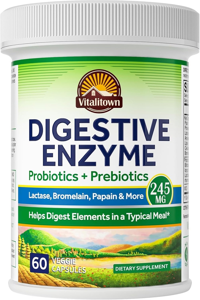 Vitalitown Digestive Enzyme | 3-in-1 Formula | Probiotics + Prebiotics | 60 Veg Caps | 245 mg | Seven Key Enzymes | Bromelain, Lactase | for Digestion | Vegan, Non-GMO