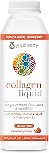 Youtheory Collagen Liquid - 2,500 mg Verisol Hydrolyzed Collagen - Supports Joints, Muscles, Bones, Hair, Skin & Nails* - 18 Amino Acids - Natural Strawberry Flavor - 15 fl oz