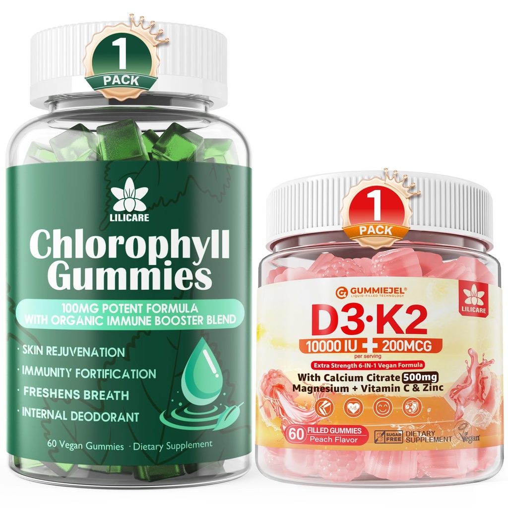 LILICARE Chlorophyll Gummies + Vitamin D3 K2 Gummies 5000IU / 10,000 IU with 500mg Calcium