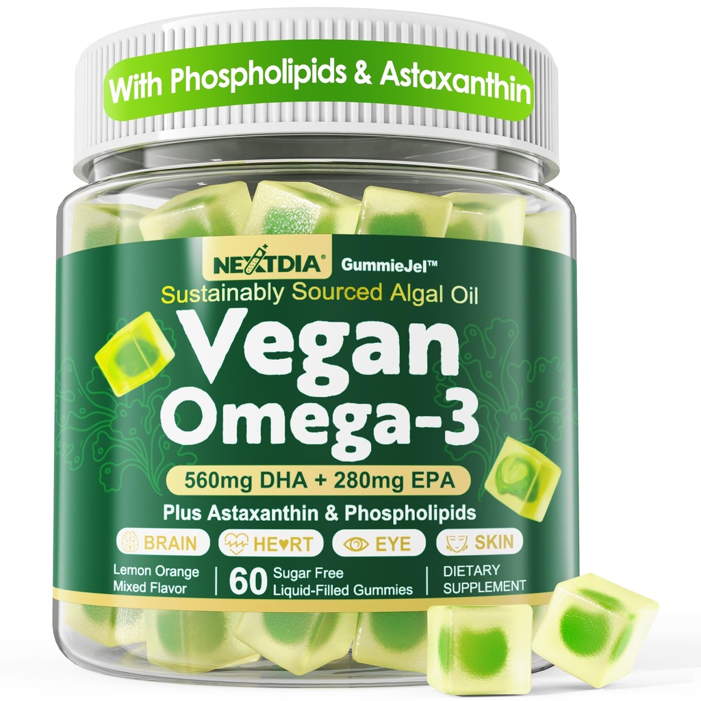 Vegan Omega 3 Gummies + Φωσφολιπίδια, Ασταξανθίνη, Βιταμίνη D3, DHA 560mg & EPA 280mg, Fish-Free Algae Omega 3 συμπλήρωμα για ενήλικες & παιδιά για τον εγκέφαλο, το μάτι, το δέρμα και τη συνολική υγεία, χωρίς ζάχαρη, 60 Cts