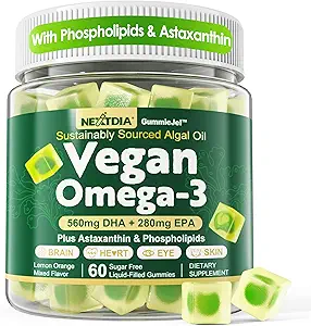 Vegan Omega 3 Gummies + Φωσφολιπίδια, Ασταξανθίνη, Βιταμίνη D3, DHA 560mg & EPA 280mg, Fish-Free Algae Omega 3 συμπλήρωμα για ενήλικες & παιδιά για τον εγκέφαλο, το μάτι, το δέρμα και τη συνολική υγεία, χωρίς ζάχαρη, 60 Cts