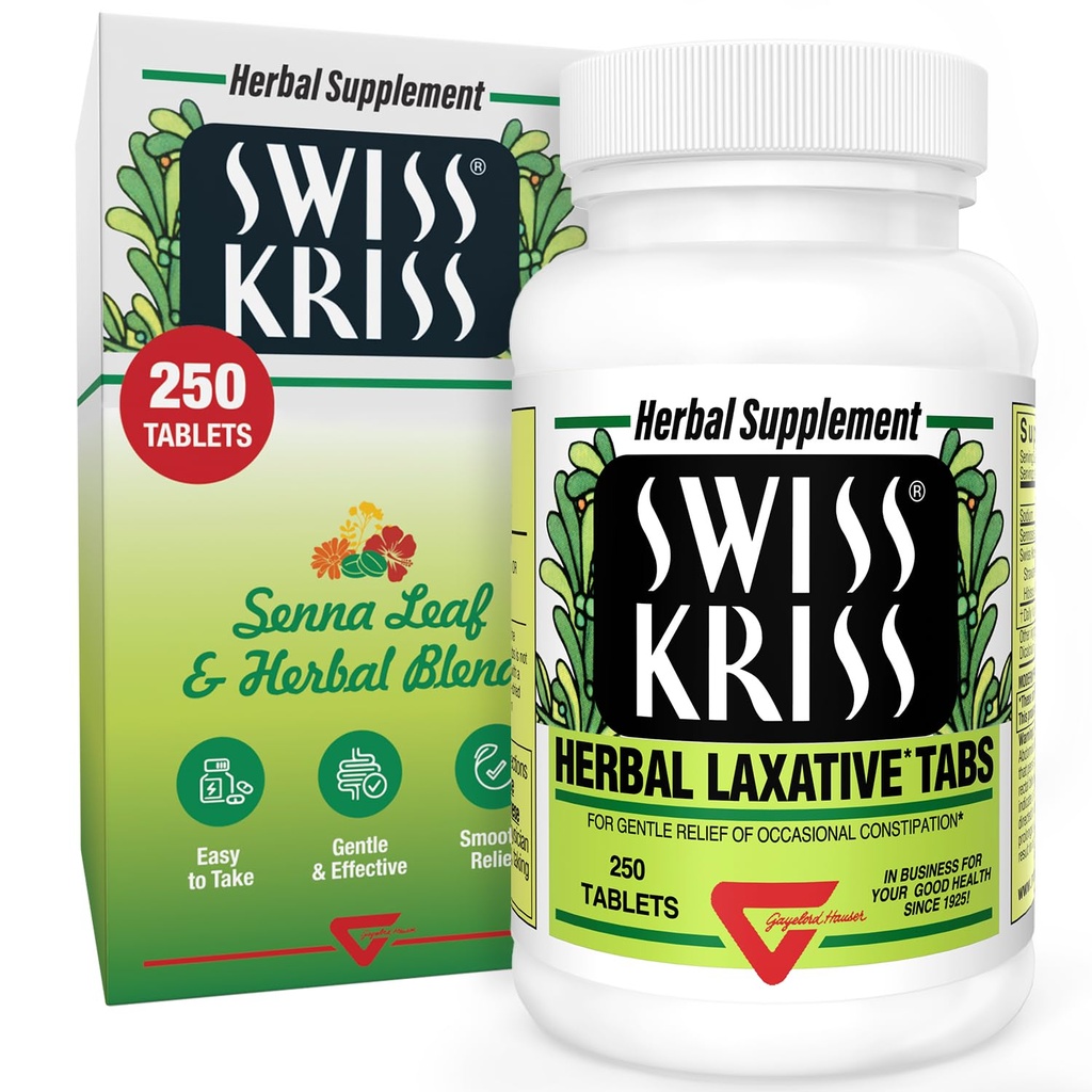 Swiss Kriss Herbal Laxative Tablets, Gentle & Natural Laxatives for Constipation Relief for Adults & Children Over Age 6, Works in 6-12 Hours, Senna Laxative, 250 Tablets Total