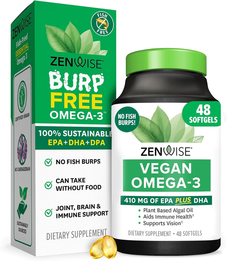 Zenwise Health Vegan Omega 3 συμπλήρωμα - Burpless Omega 3 συμπλήρωμα με DHA, EPA & DPA λιπαρά οξέα για την ανοσοποιητική υγεία - Fish Oil Εναλλακτική από βιώσιμα πηγασμένα έλαια θαλάσσιων άλγων - 48 Softgels