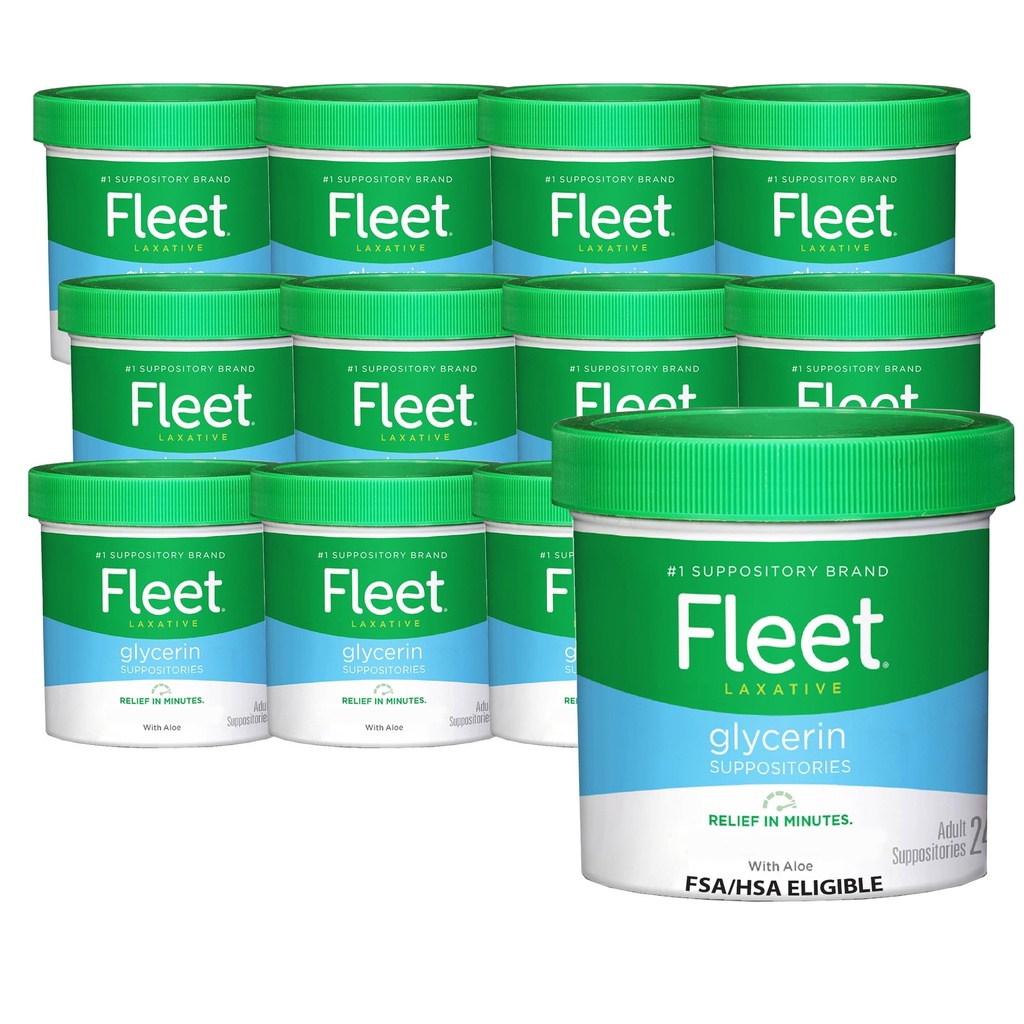Fleet Glycerin Suppositories for Constipation Relief, Fast and Effective Stimulant-free Laxative Jar with Aloe Vera, 24 Count, Pack of 12