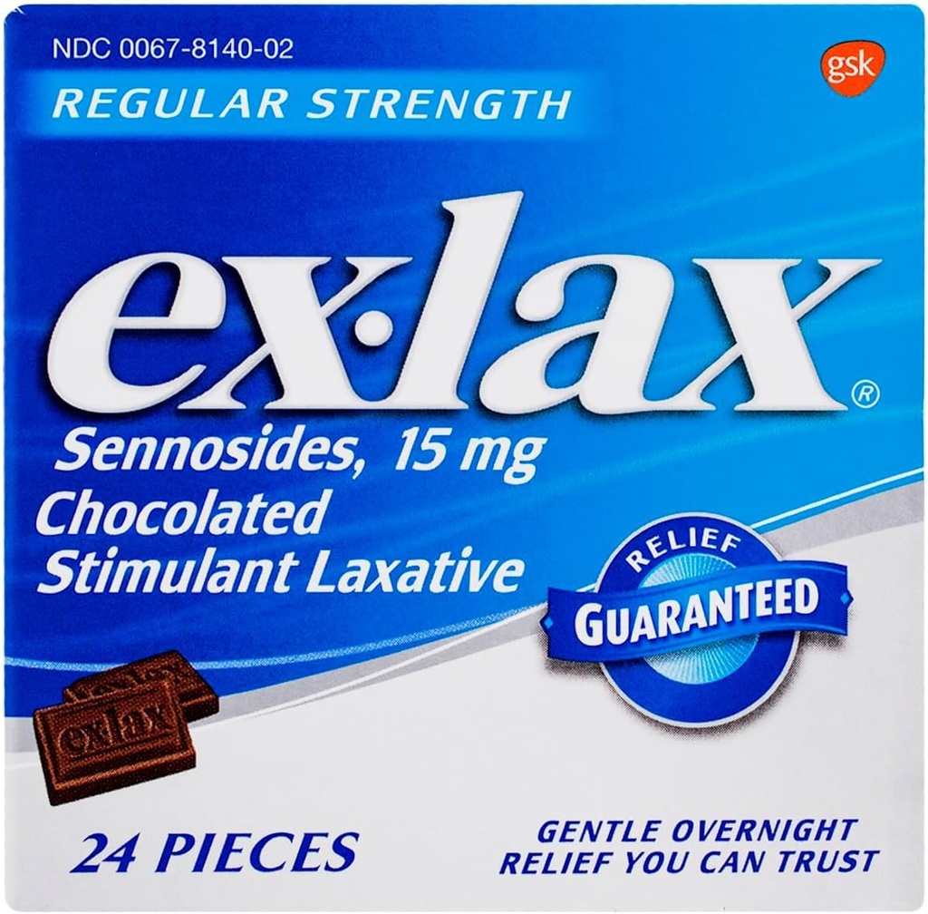 Ex-Lax Regular Strength Stimulant Laxative, Sennosides 15 mg, Chocolated Laxative for Gentle Overnight Relief, 24 Pieces (Pack of 2)