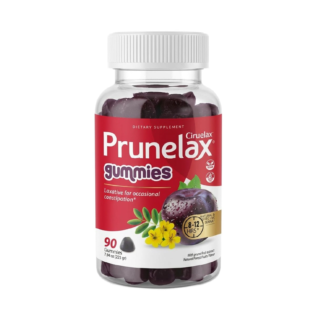 Prunelax Ciruelax Gummies Laxative for Occasional Constipation, Senna Leaf Extract, Natural Forest Fruits Flavor, Gluten Free and Vegan, 90 Count
