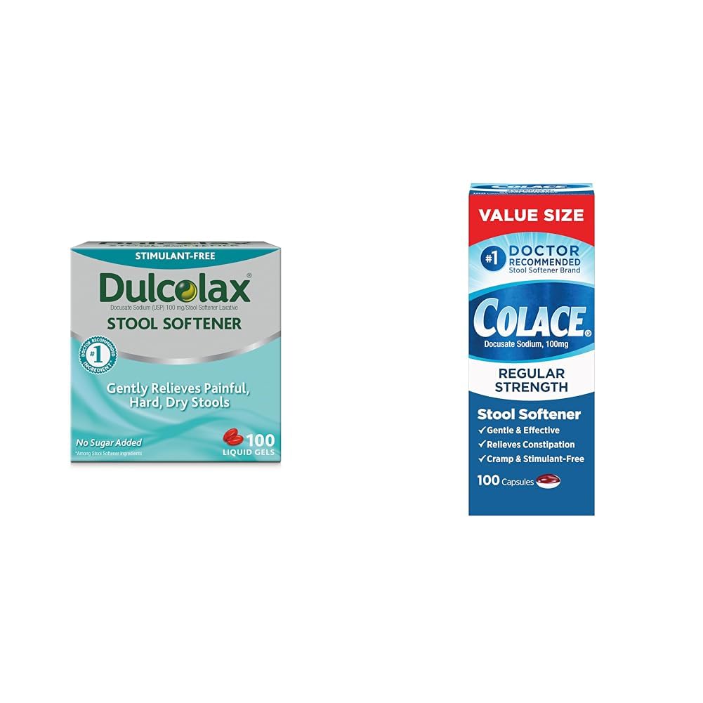 Dulcolax Stool Softener Laxative Liquid Gel Capsules (100ct) for Gentle Relief & Colace Regular Strength Stool Softener