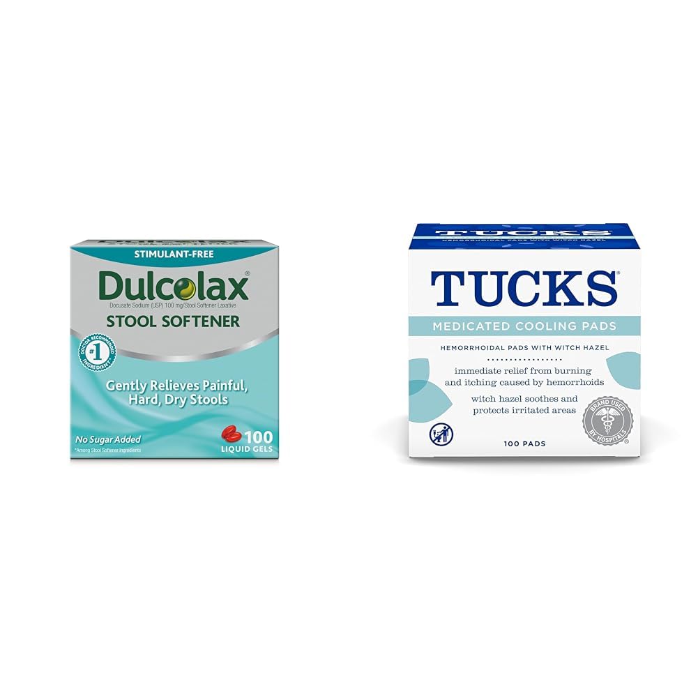 Dulcolax Stool Softener Laxative Liquid Gel Capsules (100ct) for Gentle Relief, Docusate Sodium 100mg & Tucks Medicated Cooling Pads, 100 Count – Pads with Witch Hazel, Cleanses Sensitive Areas