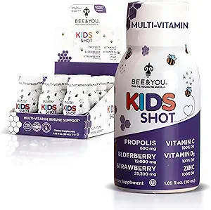 BEE and You Kids Immune Support Supplement, 100% Natural Propolis, Vitamin C, Elderberry, Raw Honey, Antioxidants, Alternative to Gummies, Great Taste, 12 Pack, 1.69 fl. oz Each