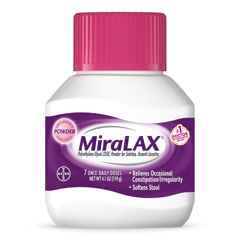 MiraLAX Laxative Powder, Gentle Constipation Relief For Adults, Stool Softener With Peg 3350, Nonstimulant Laxative, No Harsh Side Effects, Osmotic Laxative, 7 Dose